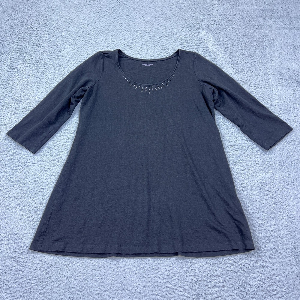Eileen Fisher Womens Sequin Scoop Neck Top Tunic 100% Pure Linen Gray Medium